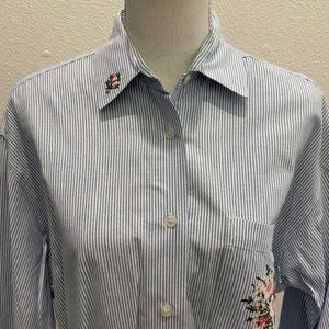 Vintage Blue & White Striped Oxford Button Down Blouse with Embroidery Accent